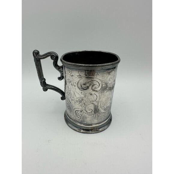 1850's Pewter Handled Engraved Baby Cup - Picture 1 of 8